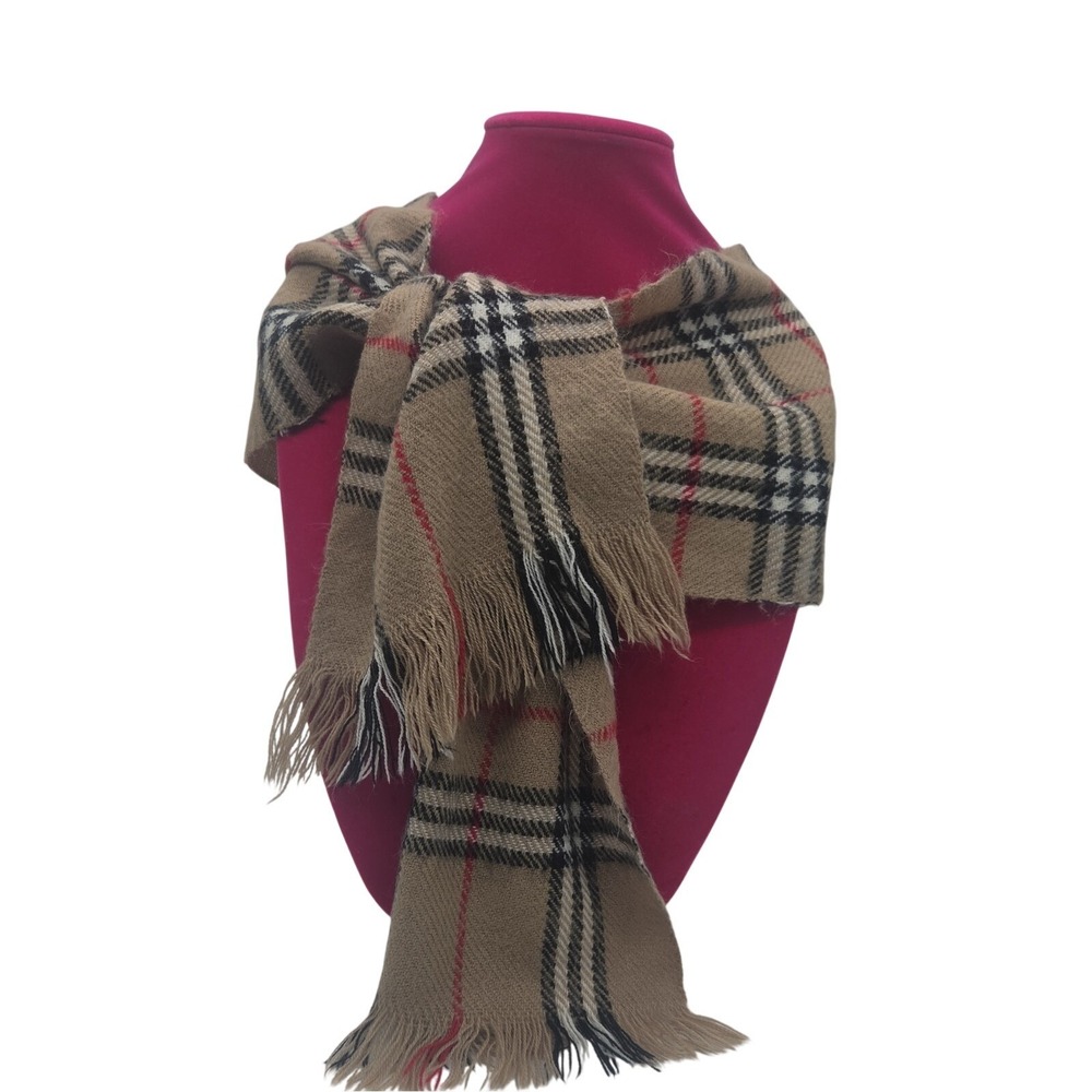 Nova Check Scarf Fringe Plaid Tan Black Red Preppy